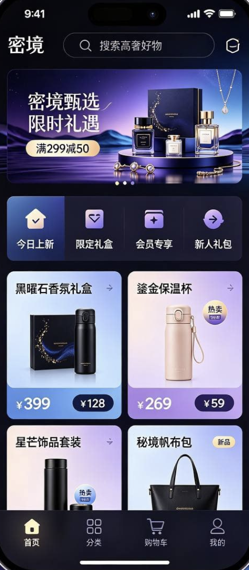 密境 App 首页，甄选周期礼盒与精选好物