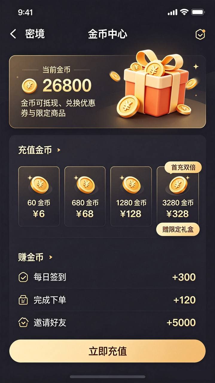 金币中心，充值与签到奖励